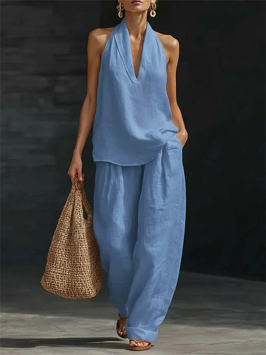 Women's Sleeveless Deep V Neck Halter Top & Wide Leg Pants Set