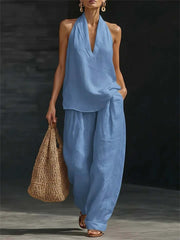 Women's Sleeveless Deep V Neck Halter Top & Wide Leg Pants Set