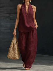 Women's Sleeveless Deep V Neck Halter Top & Wide Leg Pants Set