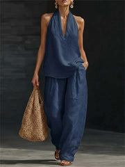 Women's Sleeveless Deep V Neck Halter Top & Wide Leg Pants Set