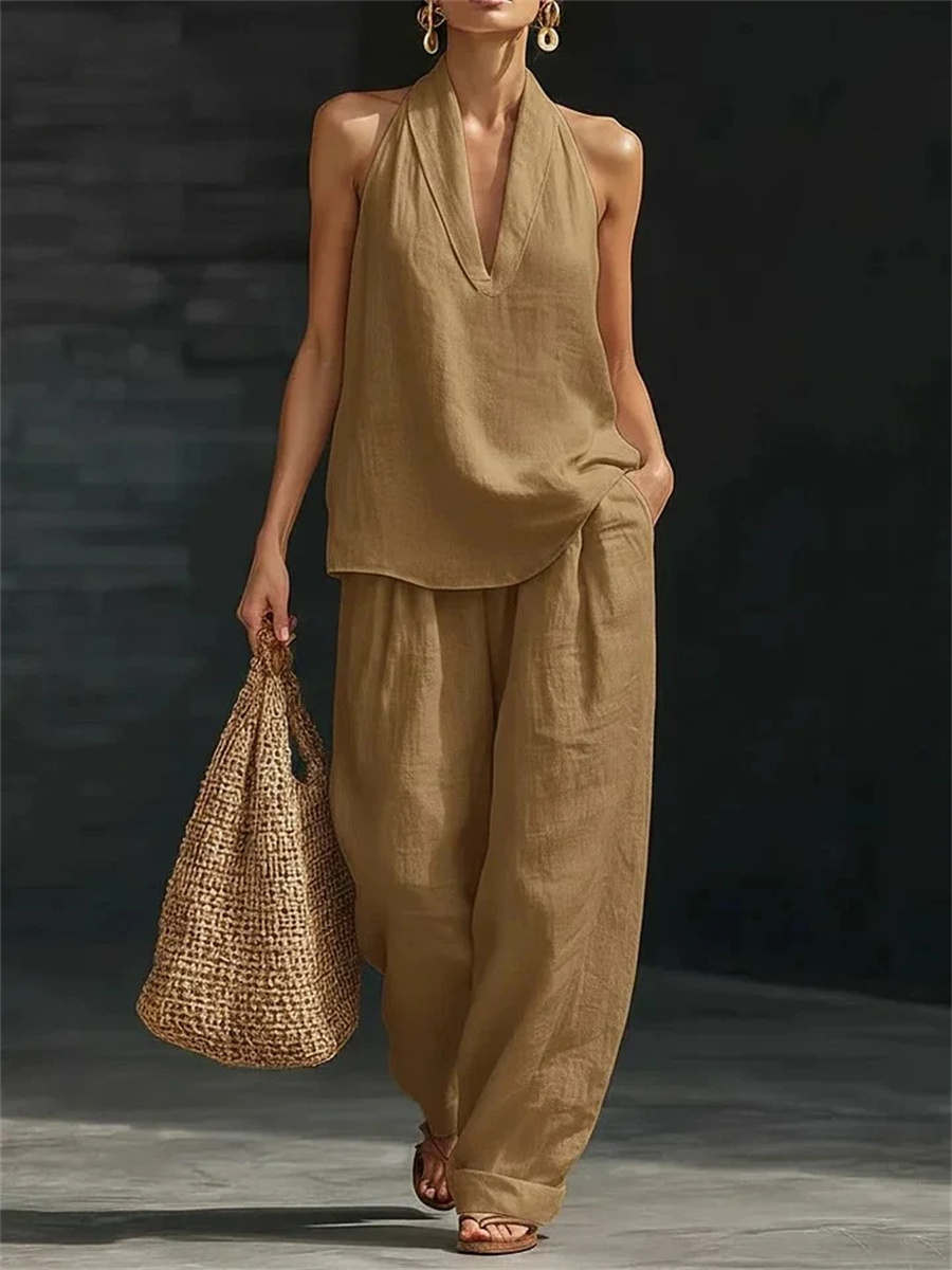 Women's Sleeveless Deep V Neck Halter Top & Wide Leg Pants Set