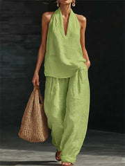 Women's Sleeveless Deep V Neck Halter Top & Wide Leg Pants Set