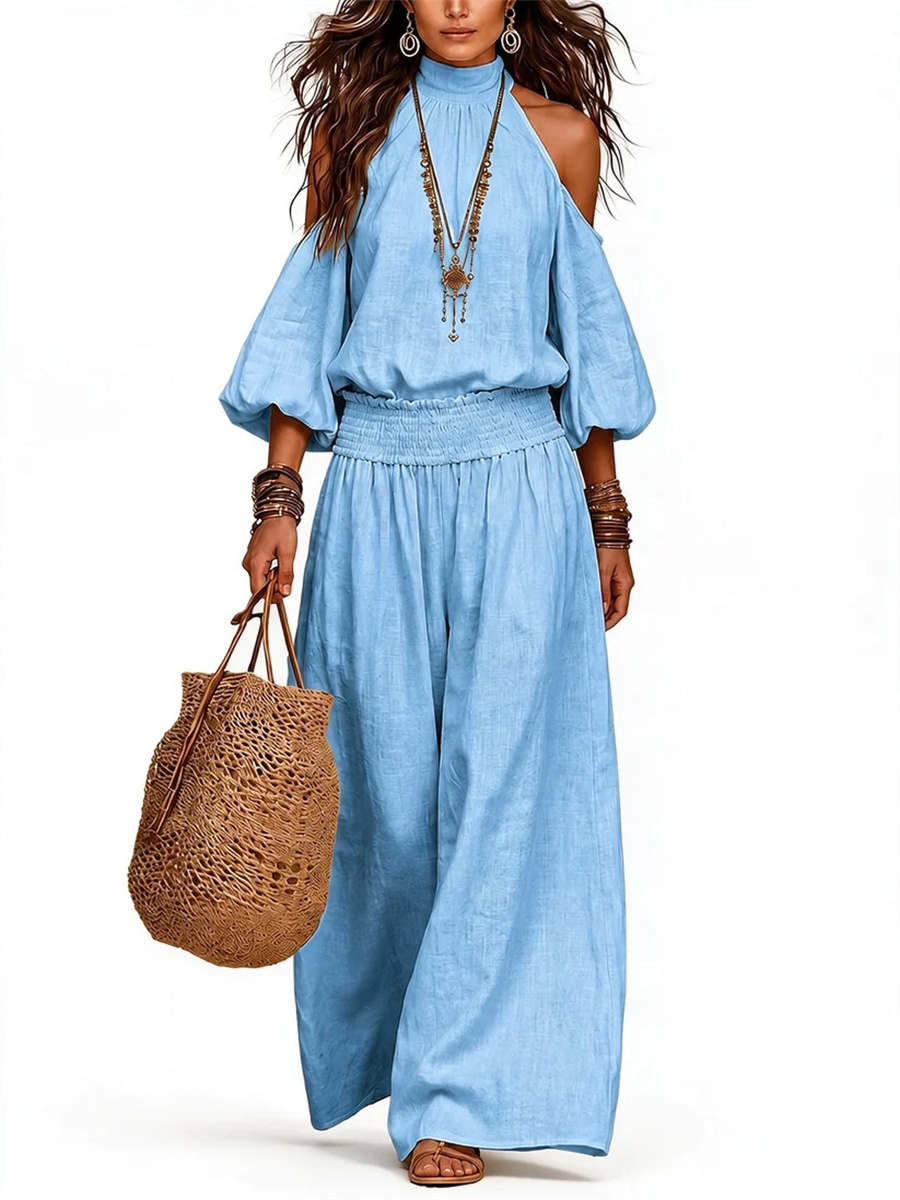 Women's High Neck Puff Sleeve Vacation Matching Outfit
