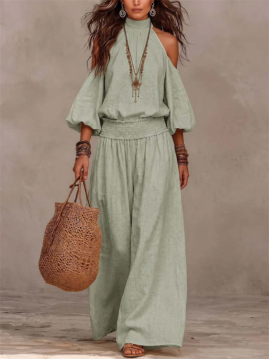 Women's High Neck Puff Sleeve Vacation Matching Outfit