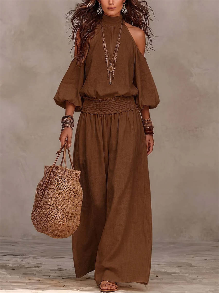Women's High Neck Puff Sleeve Vacation Matching Outfit