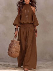 Women's High Neck Puff Sleeve Vacation Matching Outfit