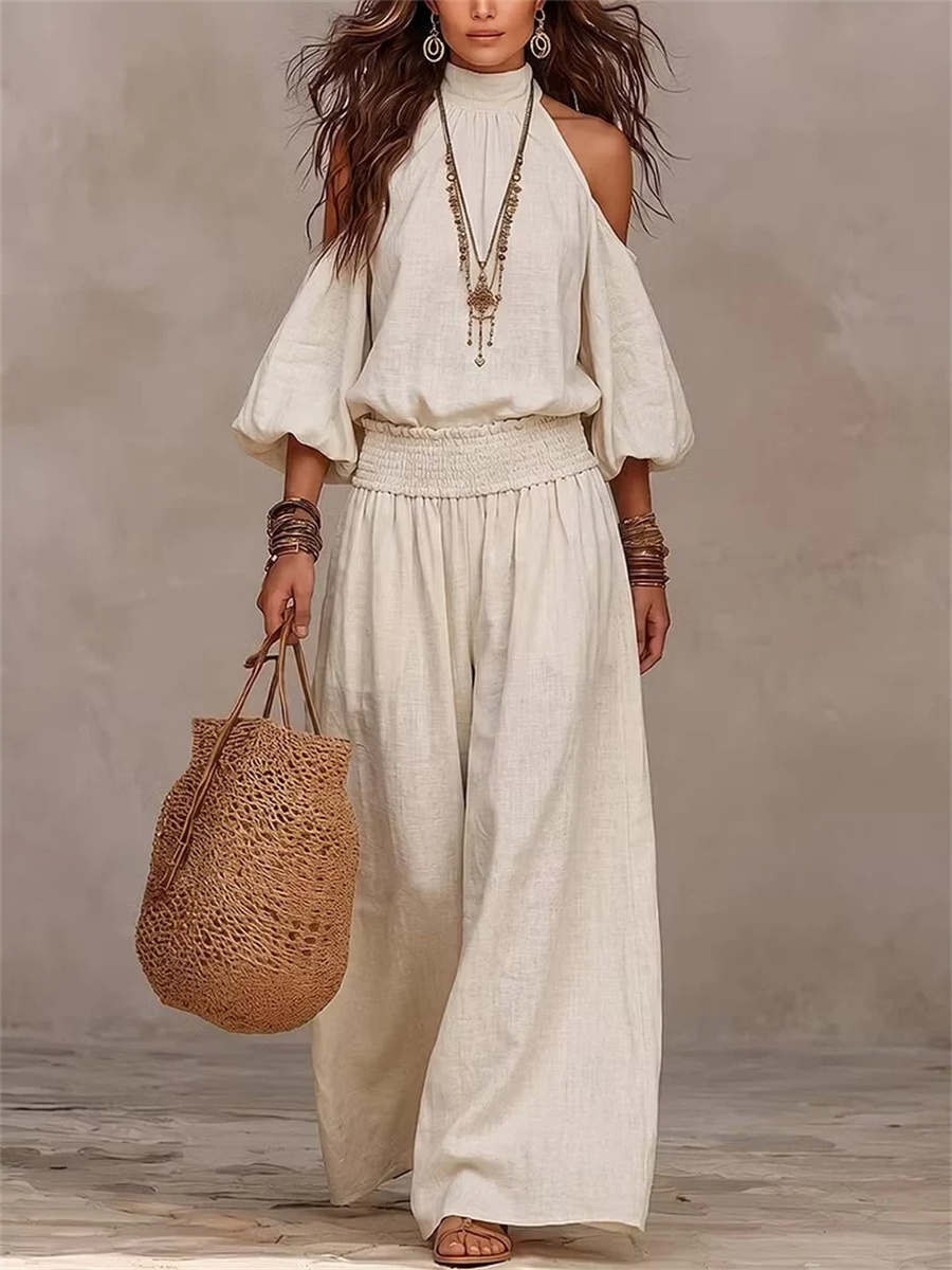Women's High Neck Puff Sleeve Vacation Matching Outfit