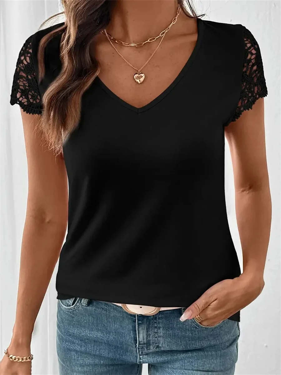 Women's Hollow Out V-Neck Lace Short Sleeve Tee