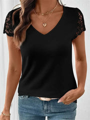 Women's Hollow Out V-Neck Lace Short Sleeve Tee