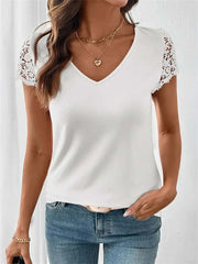 Women's Hollow Out V-Neck Lace Short Sleeve Tee