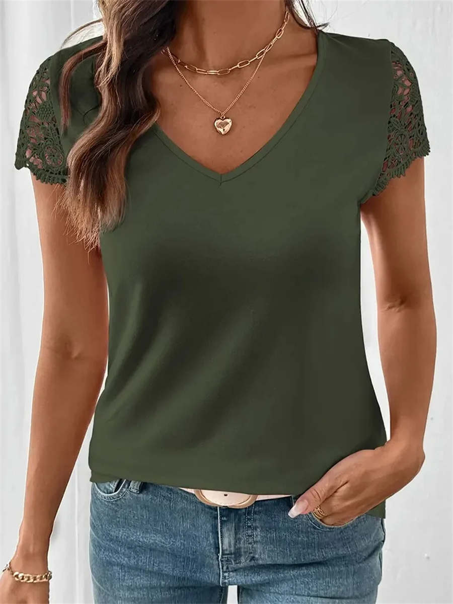 Women's Hollow Out V-Neck Lace Short Sleeve Tee