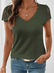 Women's Hollow Out V-Neck Lace Short Sleeve Tee