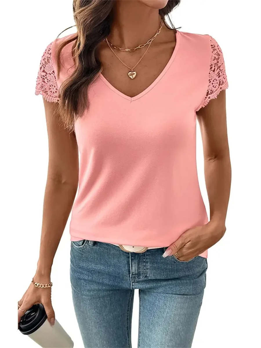 Women's Hollow Out V-Neck Lace Short Sleeve Tee