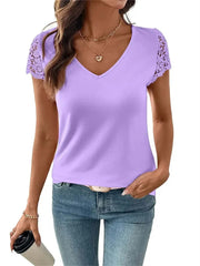 Women's Hollow Out V-Neck Lace Short Sleeve Tee