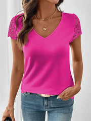 Women's Hollow Out V-Neck Lace Short Sleeve Tee