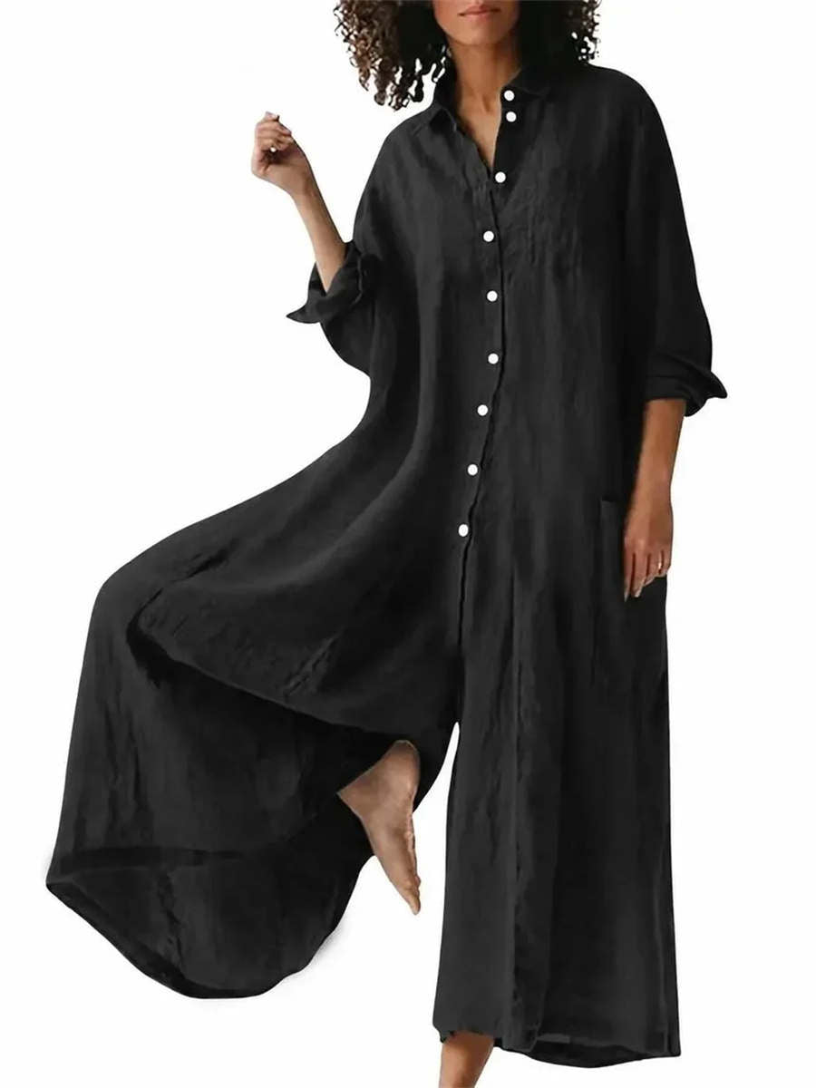 Women's Oversized Long Sleeve Shirt Wide Leg Jumpsuit