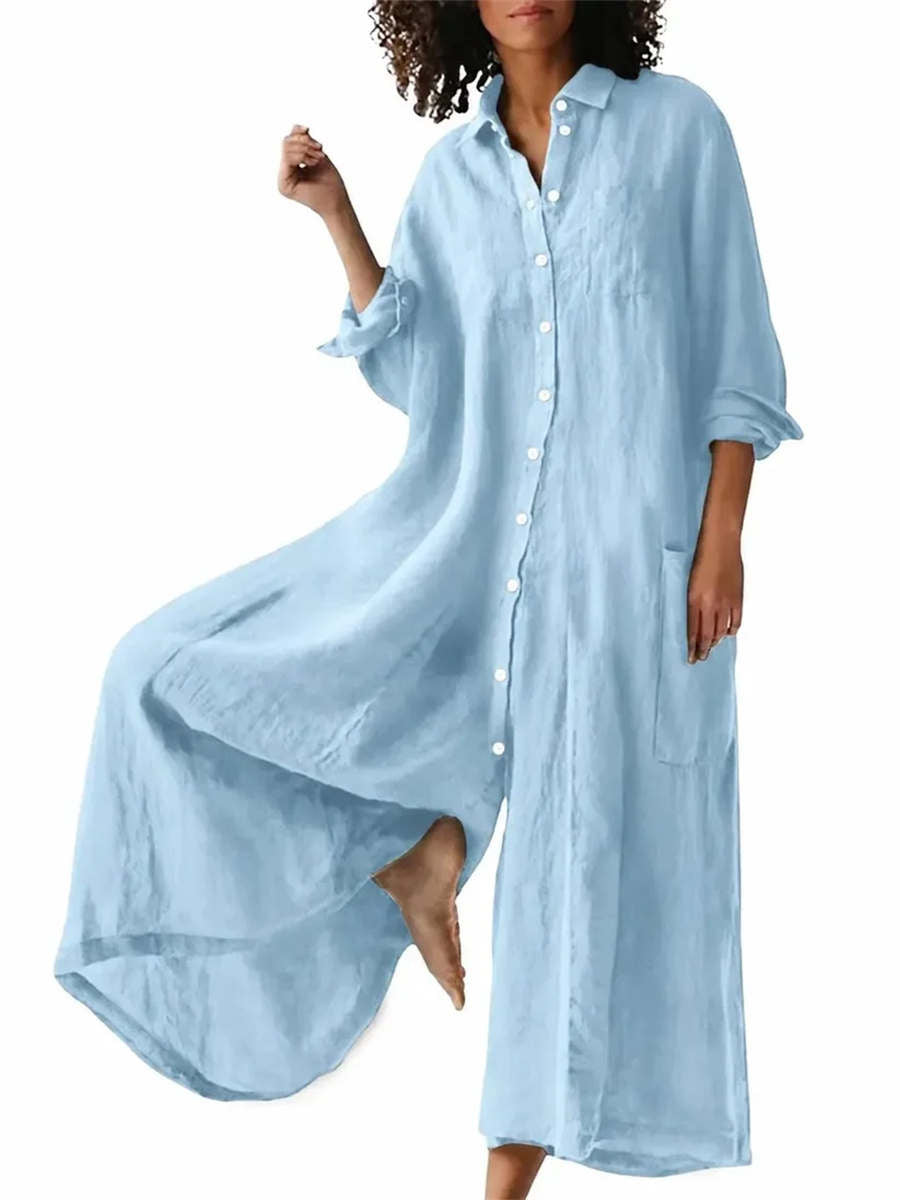 Women's Oversized Long Sleeve Shirt Wide Leg Jumpsuit