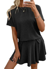 Women's Ribbed Knit Short Sleeve Top & Pleated Skirt 2 Piece Set