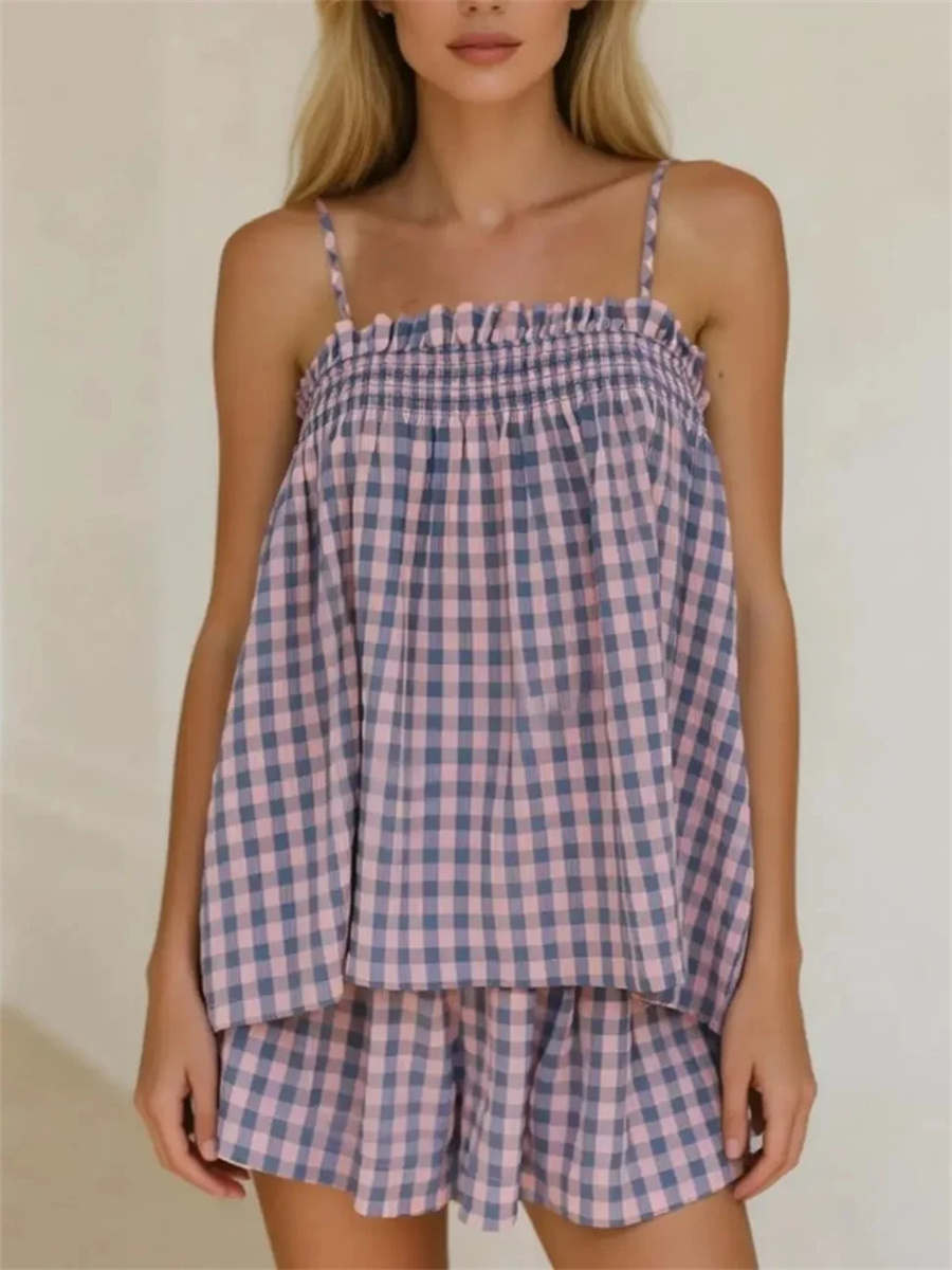 Women's Soft Gingham Spaghetti Straps Vacation Matching Outfit