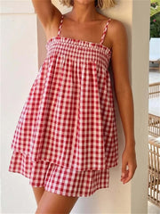 Women's Soft Gingham Spaghetti Straps Vacation Matching Outfit