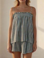 Women's Soft Gingham Spaghetti Straps Vacation Matching Outfit