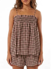 Women's Soft Gingham Spaghetti Straps Vacation Matching Outfit