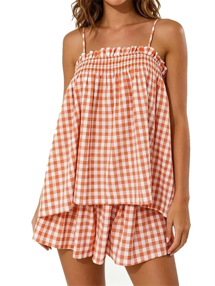 Women's Soft Gingham Spaghetti Straps Vacation Matching Outfit