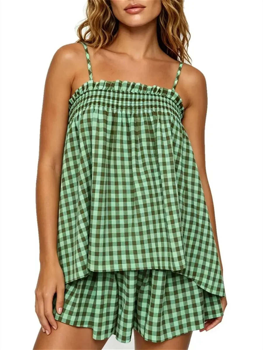 Women's Soft Gingham Spaghetti Straps Vacation Matching Outfit