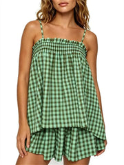 Women's Soft Gingham Spaghetti Straps Vacation Matching Outfit