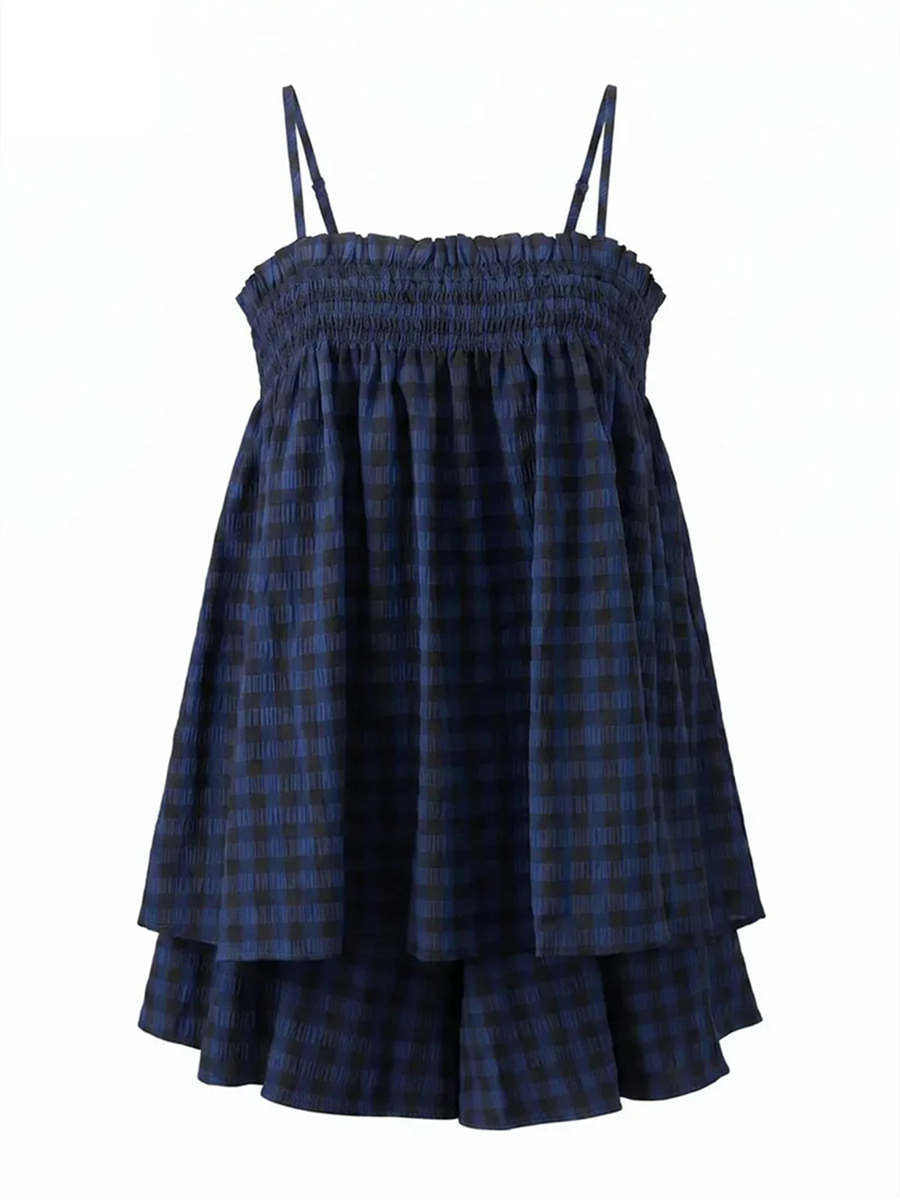 Women's Soft Gingham Spaghetti Straps Vacation Matching Outfit