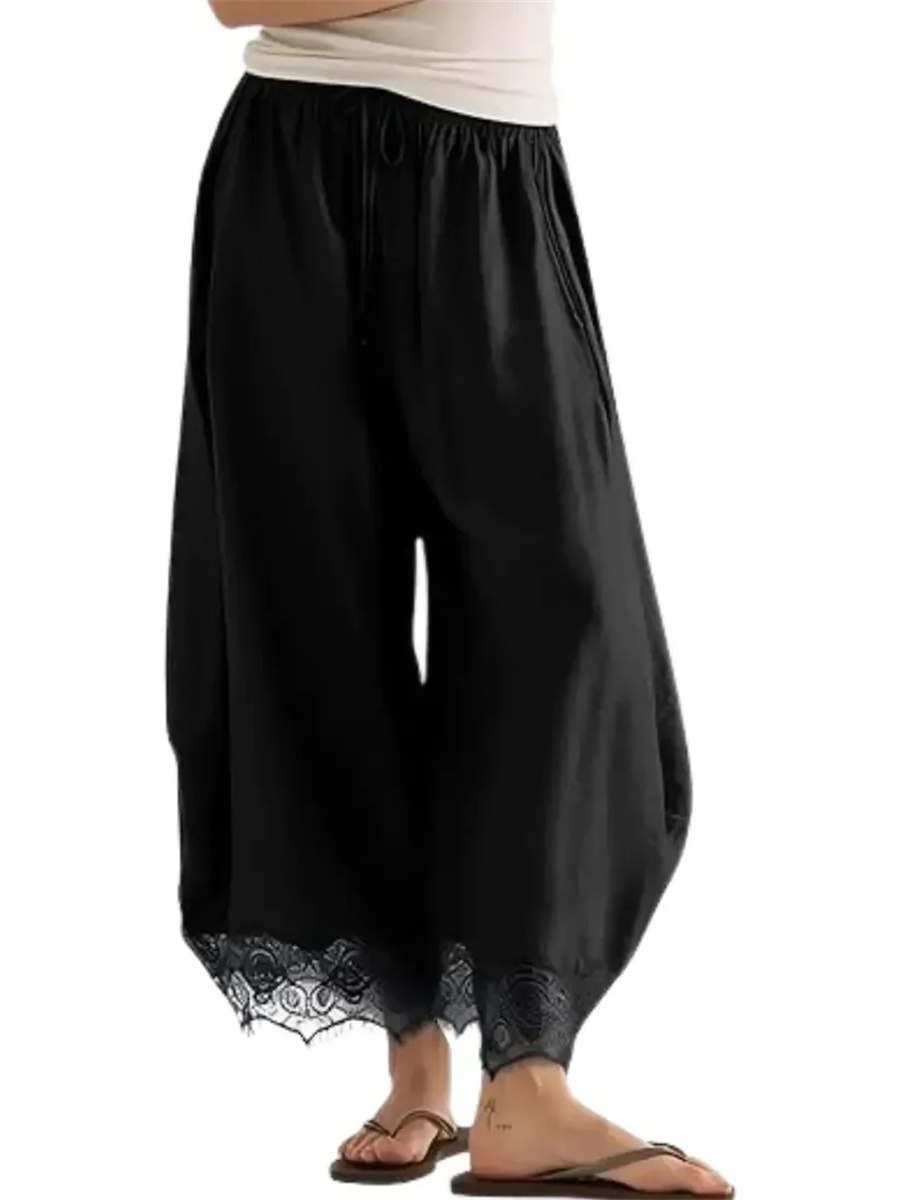 Women's Lace Trim Loose Wide Leg Ankle Pants