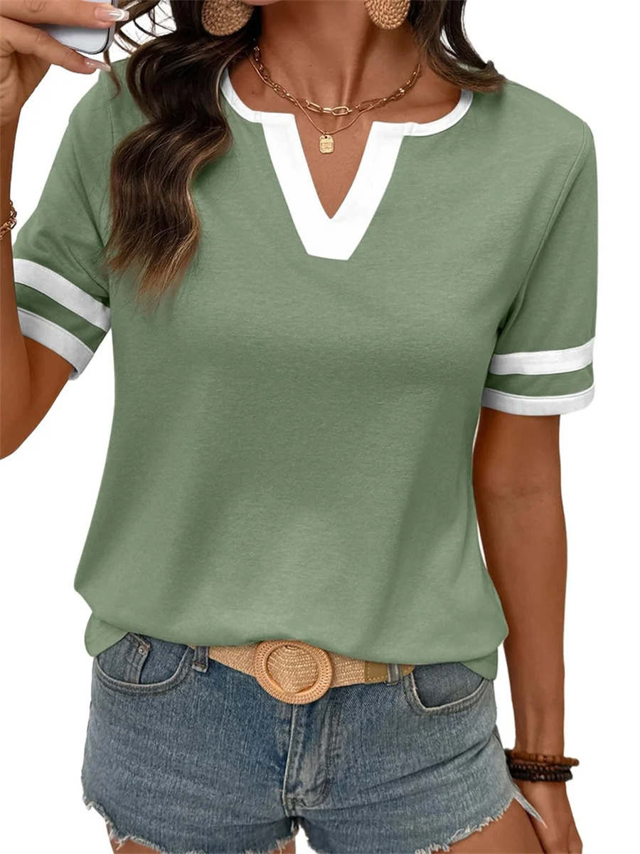 Women's Contrast V-Neck Soft Short Sleeve Top