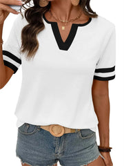 Women's Contrast V-Neck Soft Short Sleeve Top