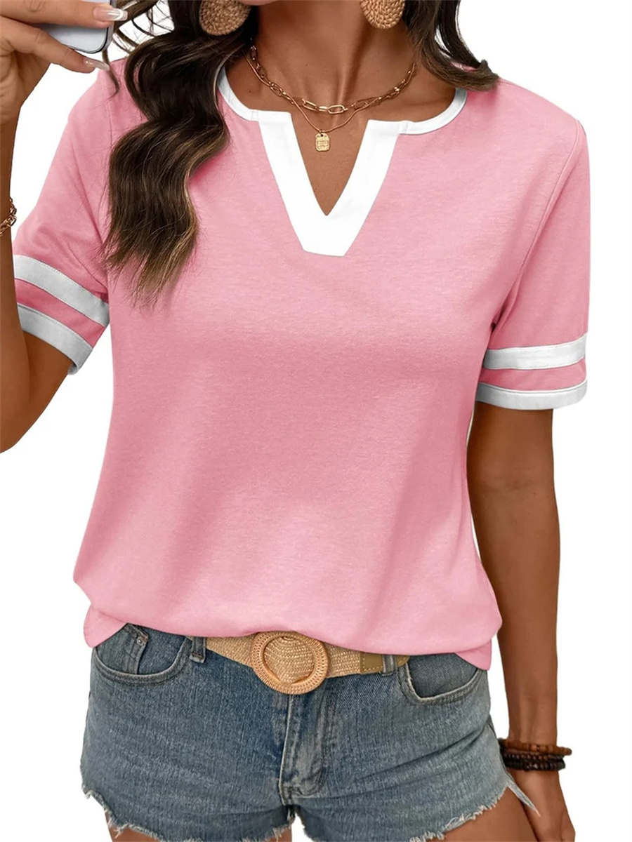 Women's Contrast V-Neck Soft Short Sleeve Top