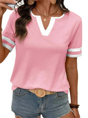 Women's Contrast V-Neck Soft Short Sleeve Top