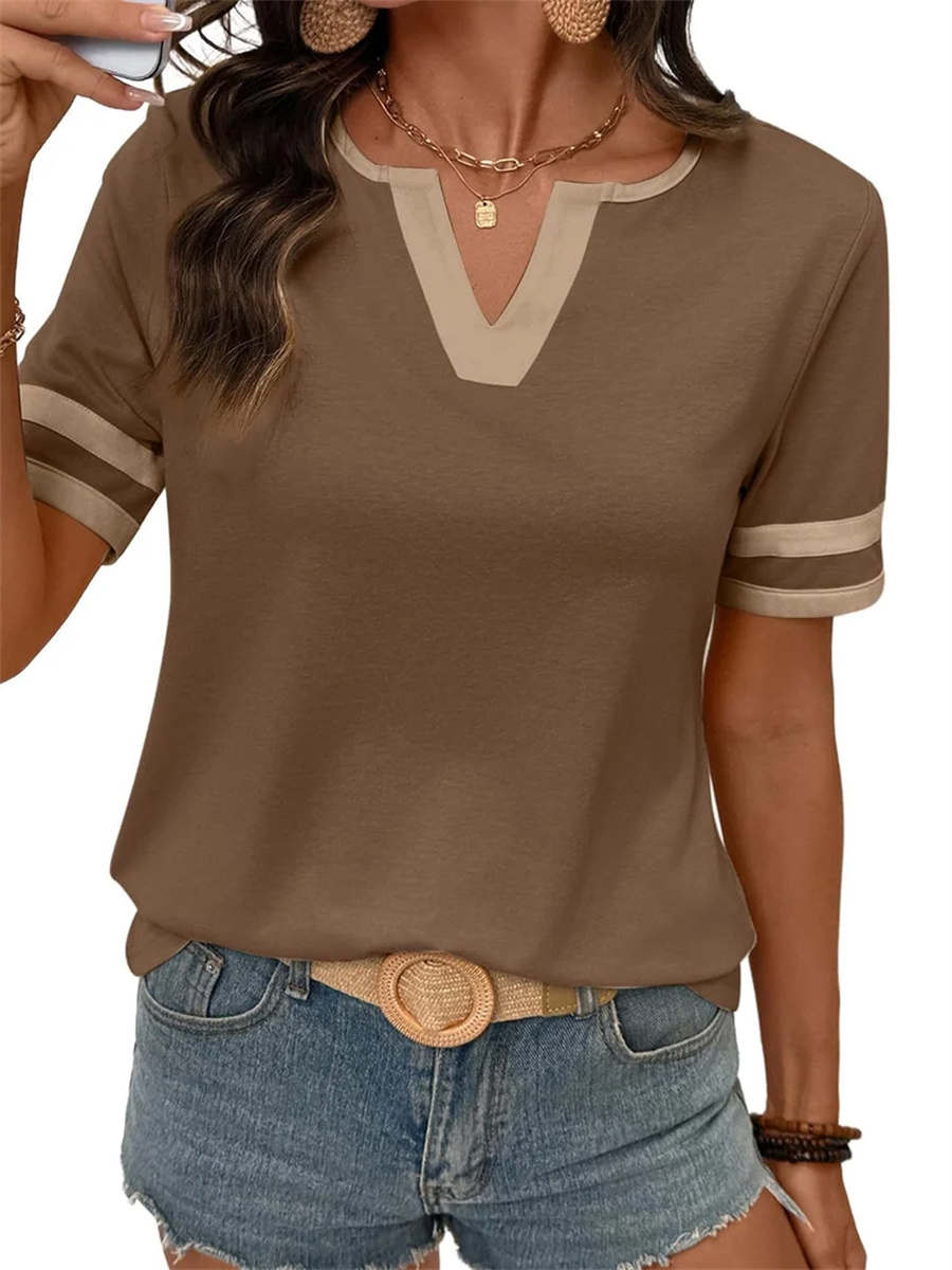 Women's Contrast V-Neck Soft Short Sleeve Top