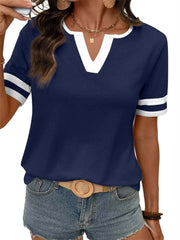 Women's Contrast V-Neck Soft Short Sleeve Top