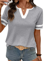 Women's Contrast V-Neck Soft Short Sleeve Top