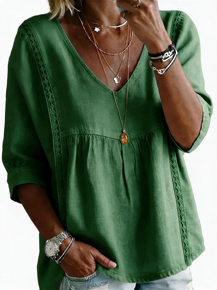 Women's V Neck 3/4 Sleeve Lace Trim Babydoll Blouse