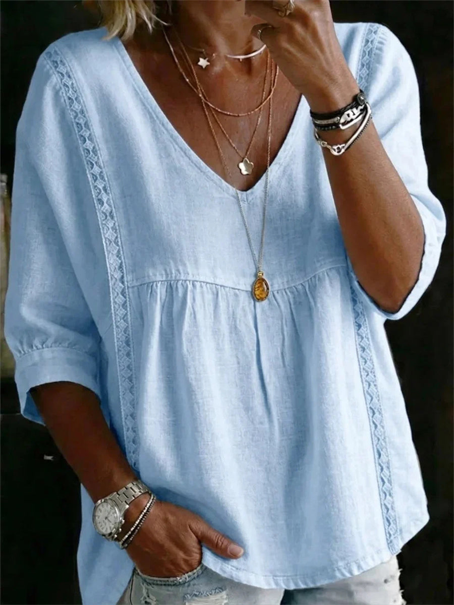 Women's V Neck 3/4 Sleeve Lace Trim Babydoll Blouse