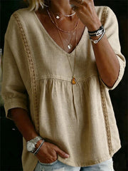 Women's V Neck 3/4 Sleeve Lace Trim Babydoll Blouse