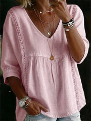 Women's V Neck 3/4 Sleeve Lace Trim Babydoll Blouse