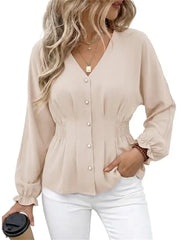 Women's Fitted V Neck Button Long Sleeve Solid Color Blouse