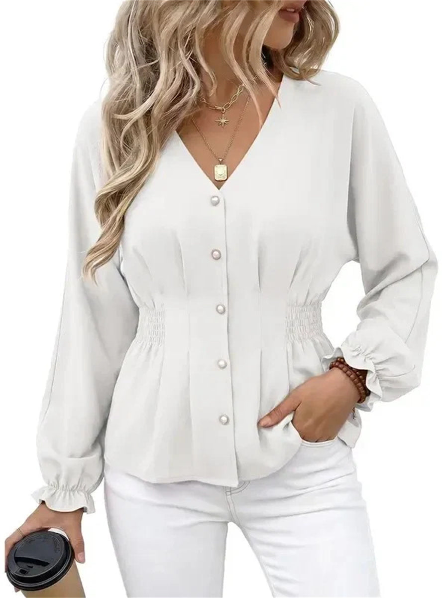 Women's Fitted V Neck Button Long Sleeve Solid Color Blouse
