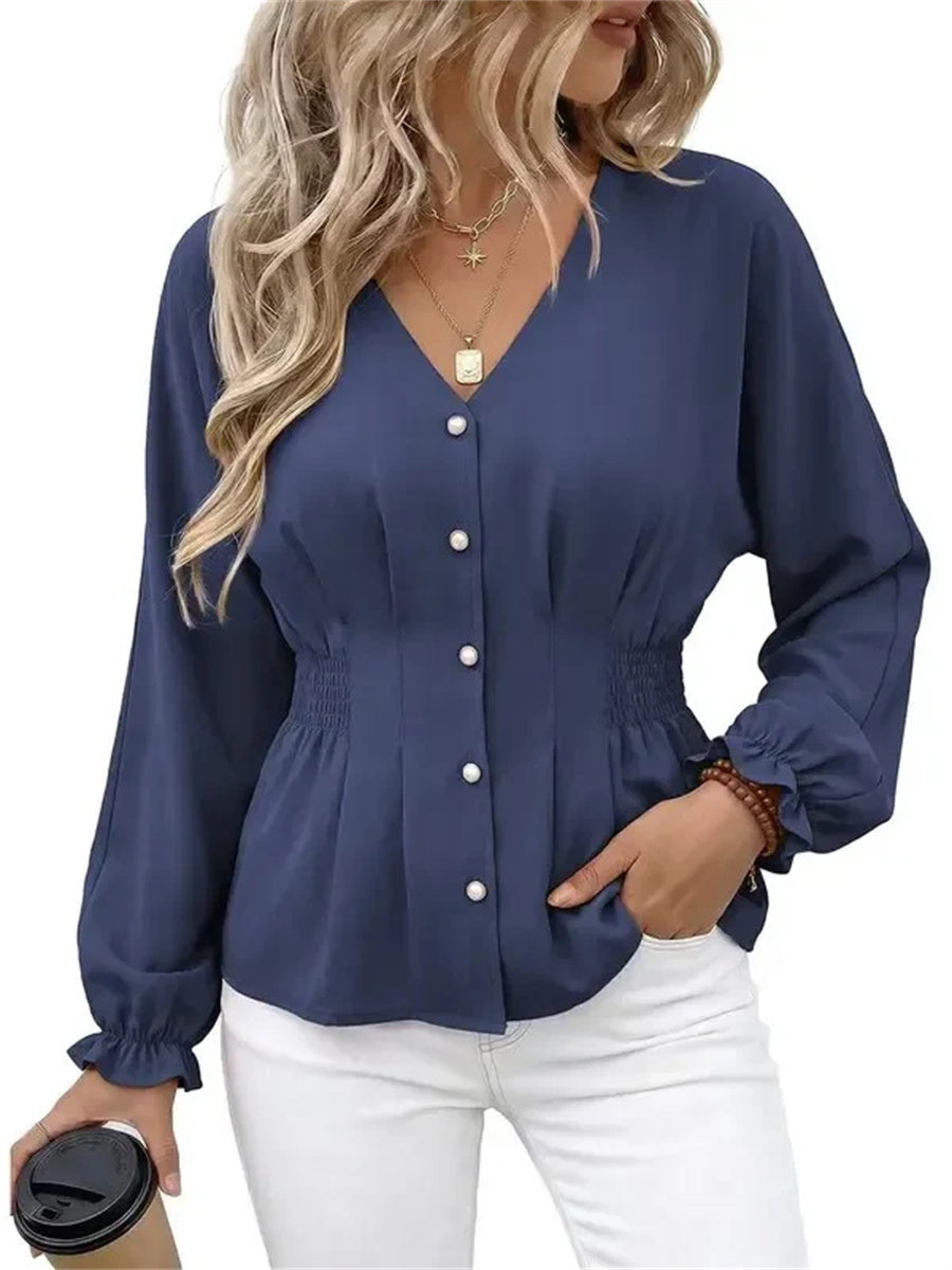 Women's Fitted V Neck Button Long Sleeve Solid Color Blouse