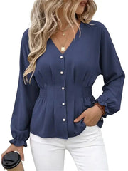 Women's Fitted V Neck Button Long Sleeve Solid Color Blouse