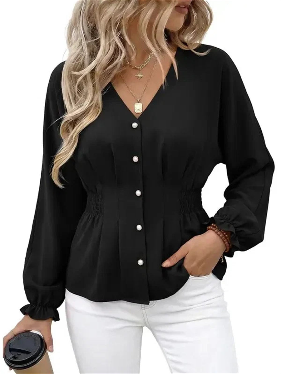 Women's Fitted V Neck Button Long Sleeve Solid Color Blouse