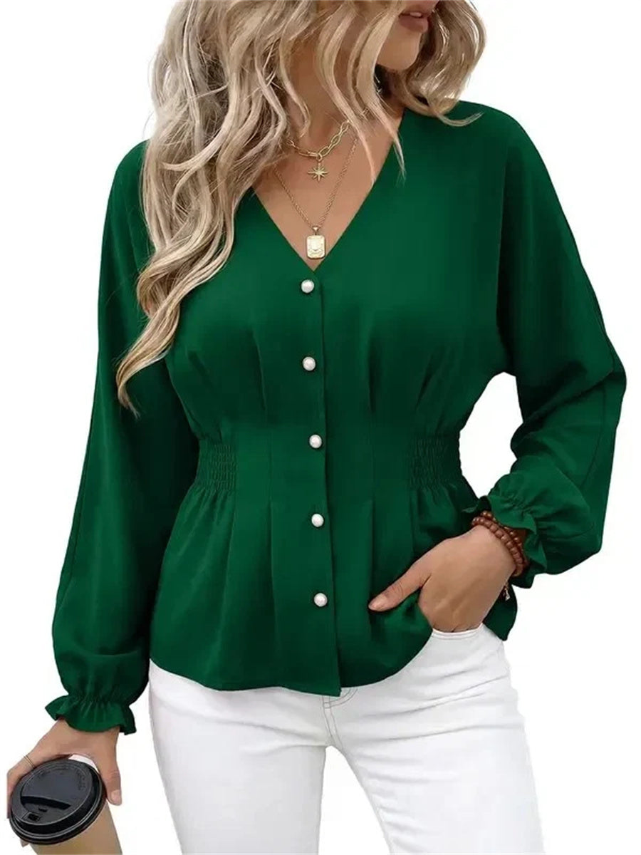 Women's Fitted V Neck Button Long Sleeve Solid Color Blouse