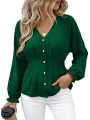 Women's Fitted V Neck Button Long Sleeve Solid Color Blouse