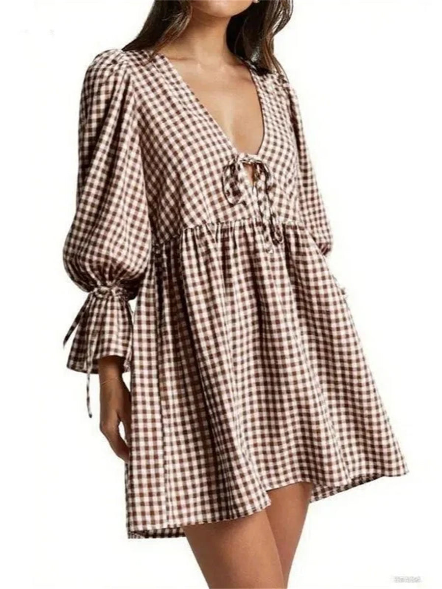 Women's Gingham Puff Long Sleeve Tie Front Babydoll Mini Dress